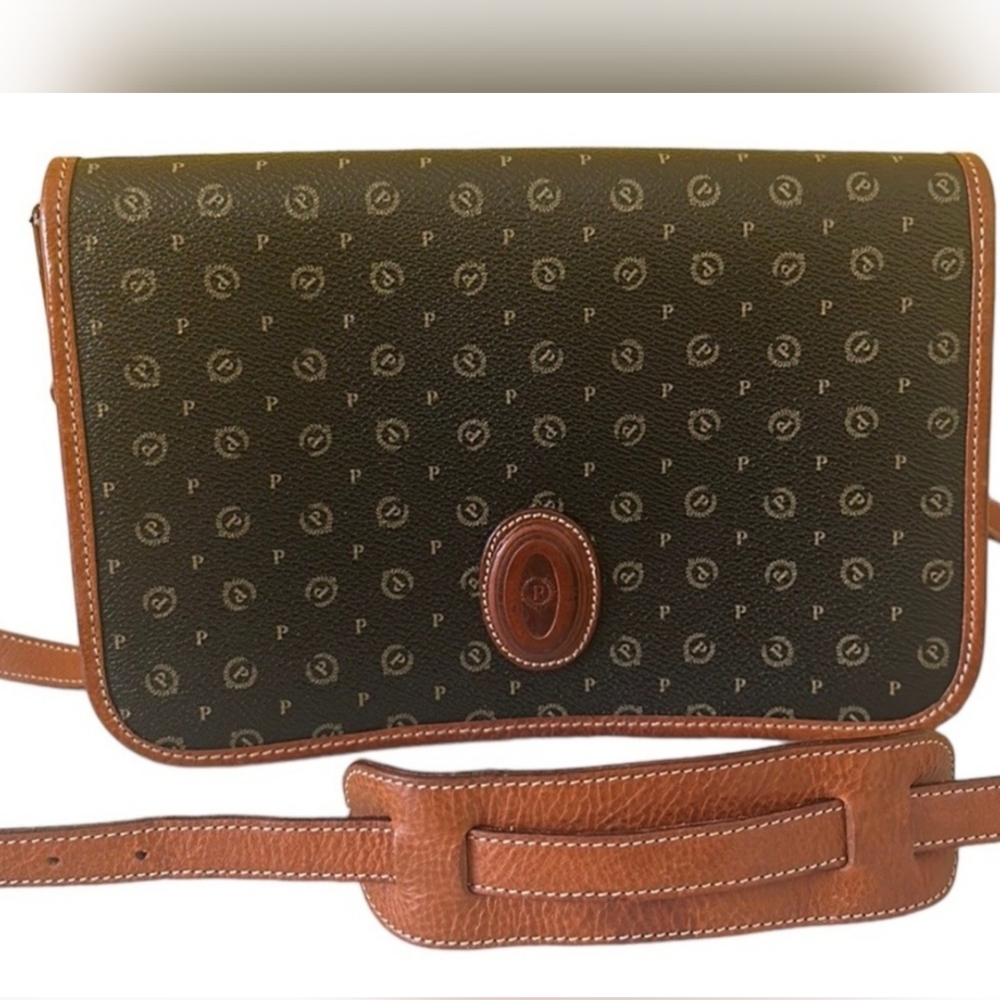 Pollini Logo Vintage Black Brown Leather crossbody/shoulder bag